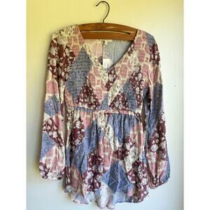 Maurices Womens Patchwork Peplum Top Long Sleeve V-Neck Smocked Multicolor Sz XS